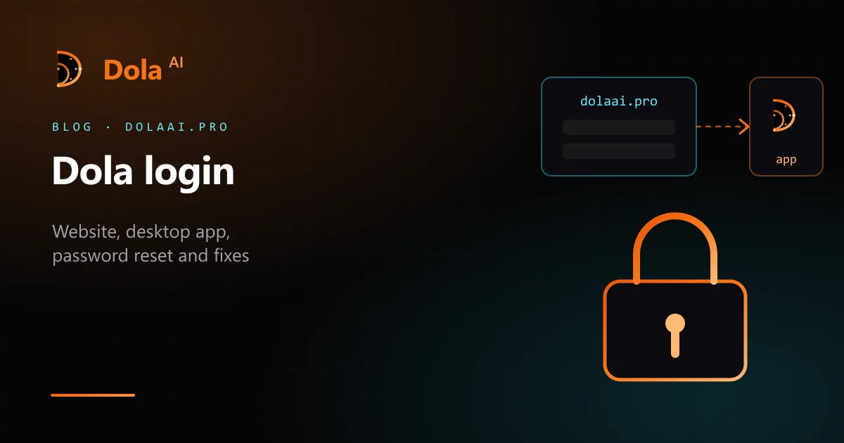 A dolaai.pro sign-in form handing off to the Dola desktop app, above a padlock, illustrating the Dola login guide